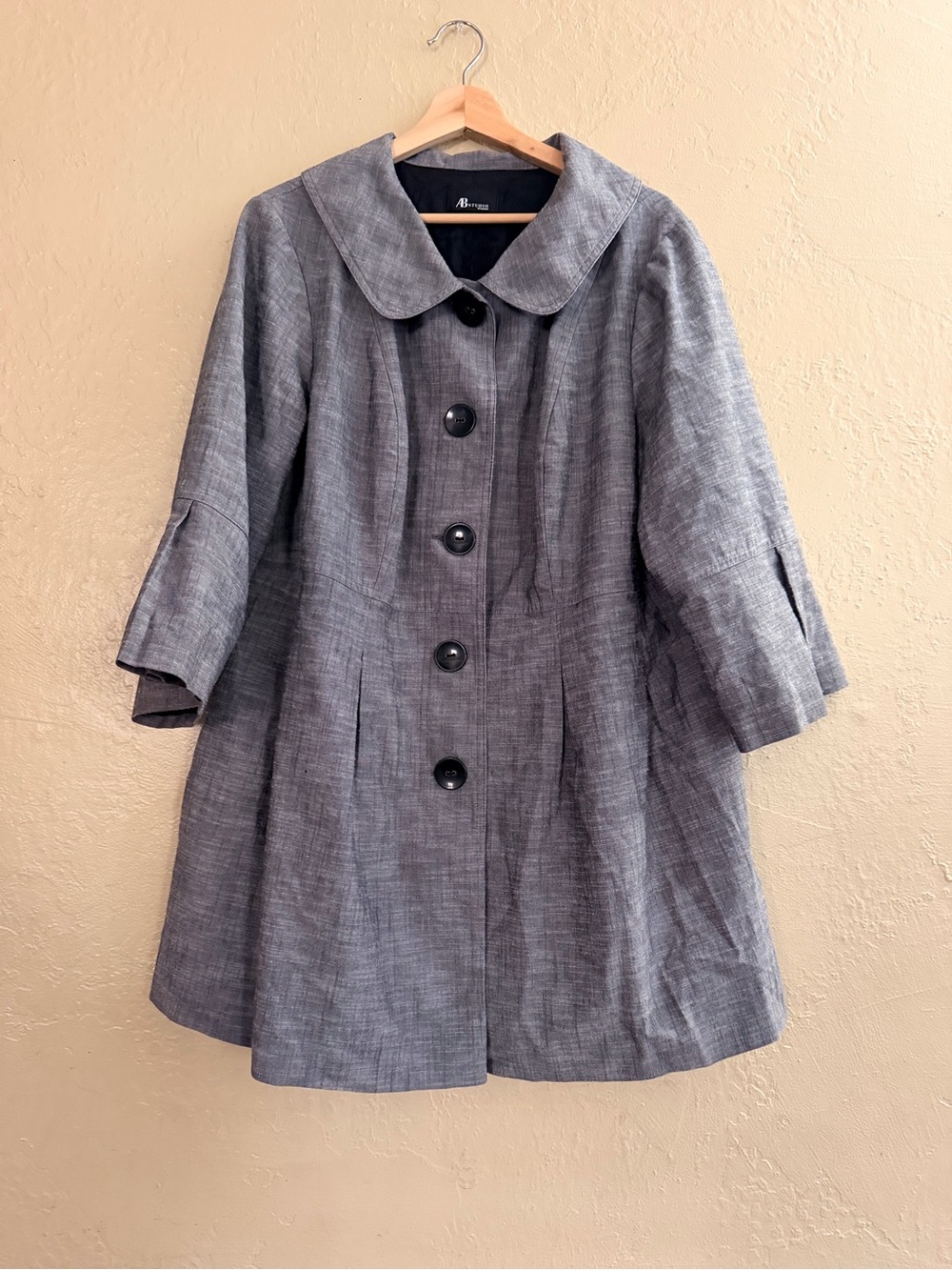 AB Studio Gray Textured A-Line Trench Coat with Peter Pan Collar